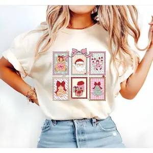 Merry & Bright Christmas Stamp TShirt, Christmas CoquetteTee, Retro Santa Graphic Tee, Holiday Postage Stamp T-Shirt, Xmas Tee