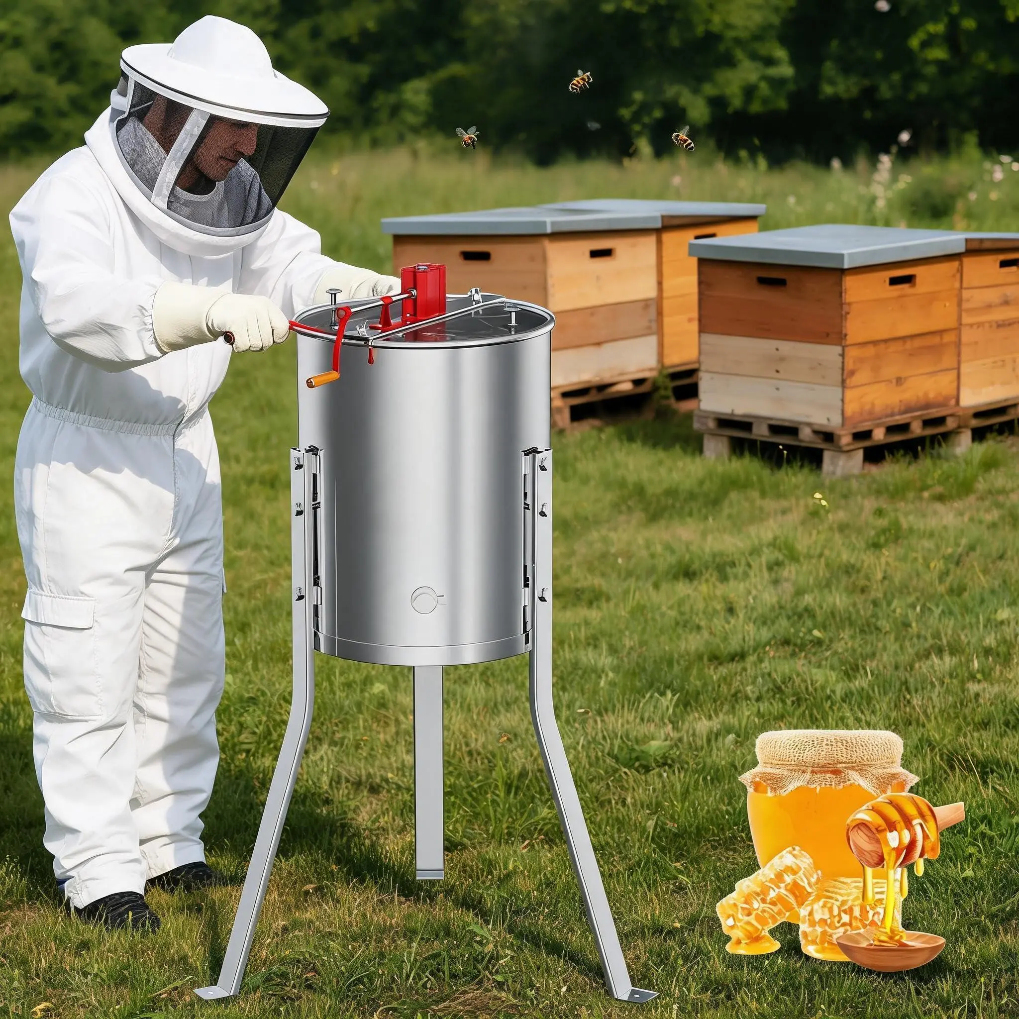 4 Frame Stainless Steel Manual Honey Extractor with Adjustable Height Stand Clear Lid for Deep Medium Shallow Frames Beekeeping Supplies