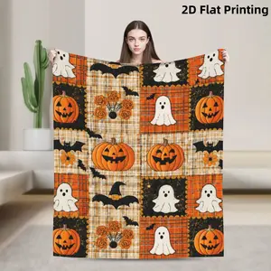 Vintage Plaid Pumpkin Ghost Bat Patchwork Halloween Flannel Throw Blanket Soft Warm Decor Blanket, Couch Bedroom Nap Blanket, Autumn Holiday Gift Plush Home Blanket For All Seasons