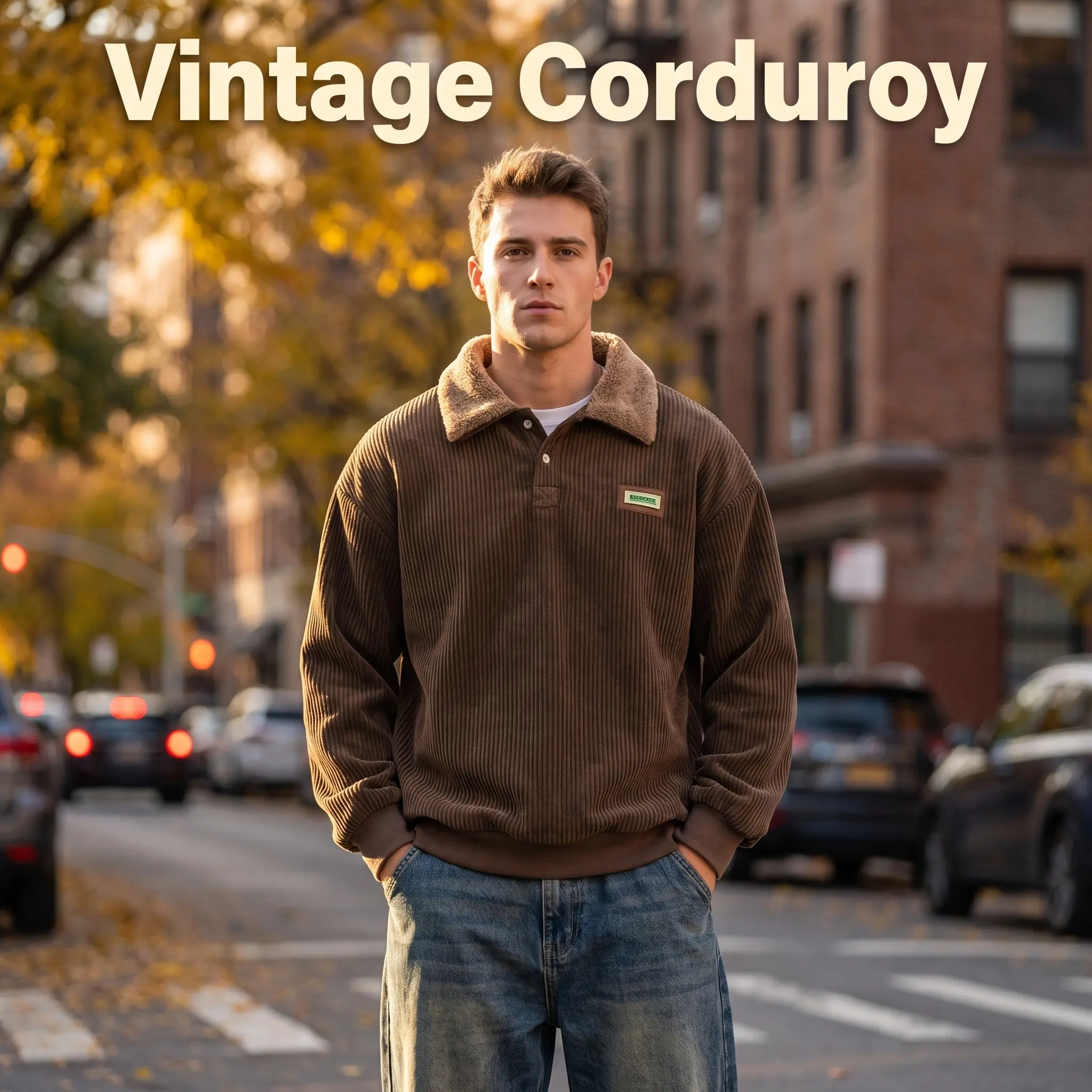2026 NEW Corduroy Polo collar sweater couple autumn and winter style plus velvet thickened simple fashion lamb wool coat Comfort Long Sleeve