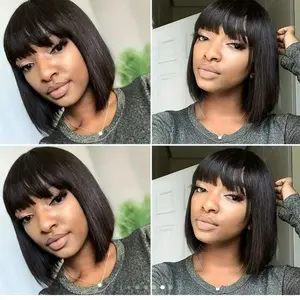 Bob Wig With Bangs Human Hair 180% Density Glueless Short Bob Wigs For Women Upgraded Machine Made Middle Part 3x1 Lace Wig (10inch, Bob With Bangs