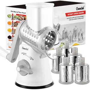 Geedel Rotary Cheese Grater Cheese Shredder - Upgraded 5-In-1 Cheese Grater with Handle and Strong Suction Base, Multi-Purpose Vegetable Slicer Ice Shaver Nuts Grinder for Ice, Vegetables, Fruit, Nuts Geedel
