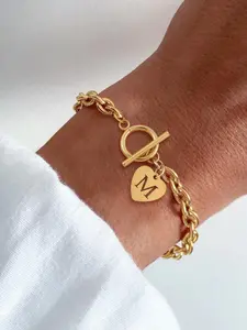 Women's Heart Hollow Initial Toggle Clasps Bracelet, Fashion Classic Stainless Steel Chain, Casual Style Hand Jewelry, Personalized Jewelry