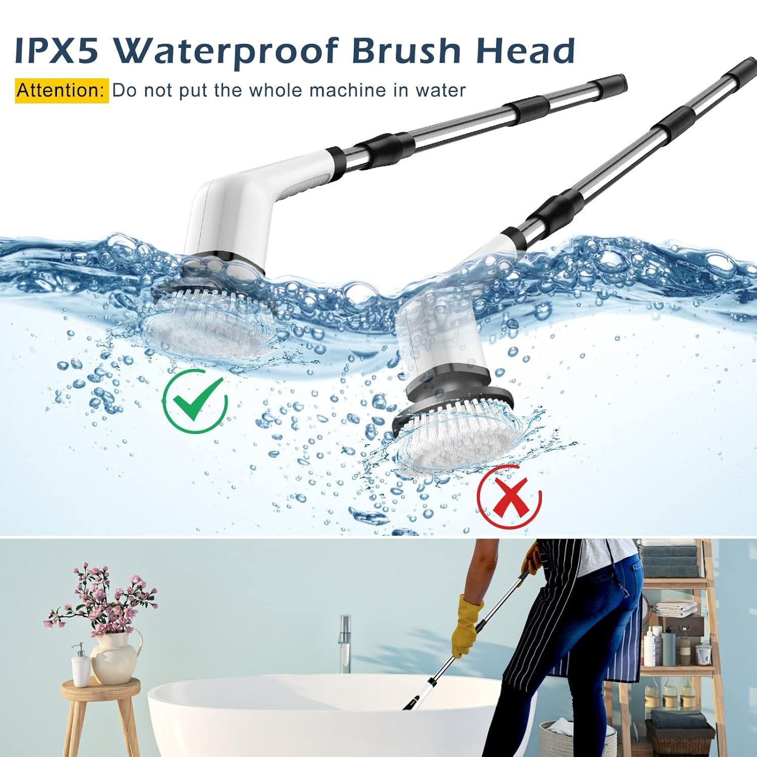 Electric Spin Scrubber,Cordless Shower Scrubber with IPX7 Waterproof,Electric Cleaning Brush,Multi-Surface Use,Long Battery Life,3 Extendable Handle,2 Adjustable Speed,8 Replaceable Brush Heads,Multi-Purpose Cleaning Kit for Bathroom/Kitchen/Car