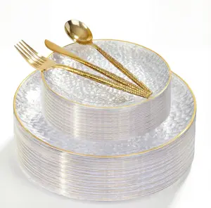 I00000 150Pcs Clear Plastic Plates with Gold Rim,Clear Disposable Plates with silverware,Gold hammer patterned plates Set include 30 Dinner Plate,30 Dessert Plate,90 Silverware Set for Party