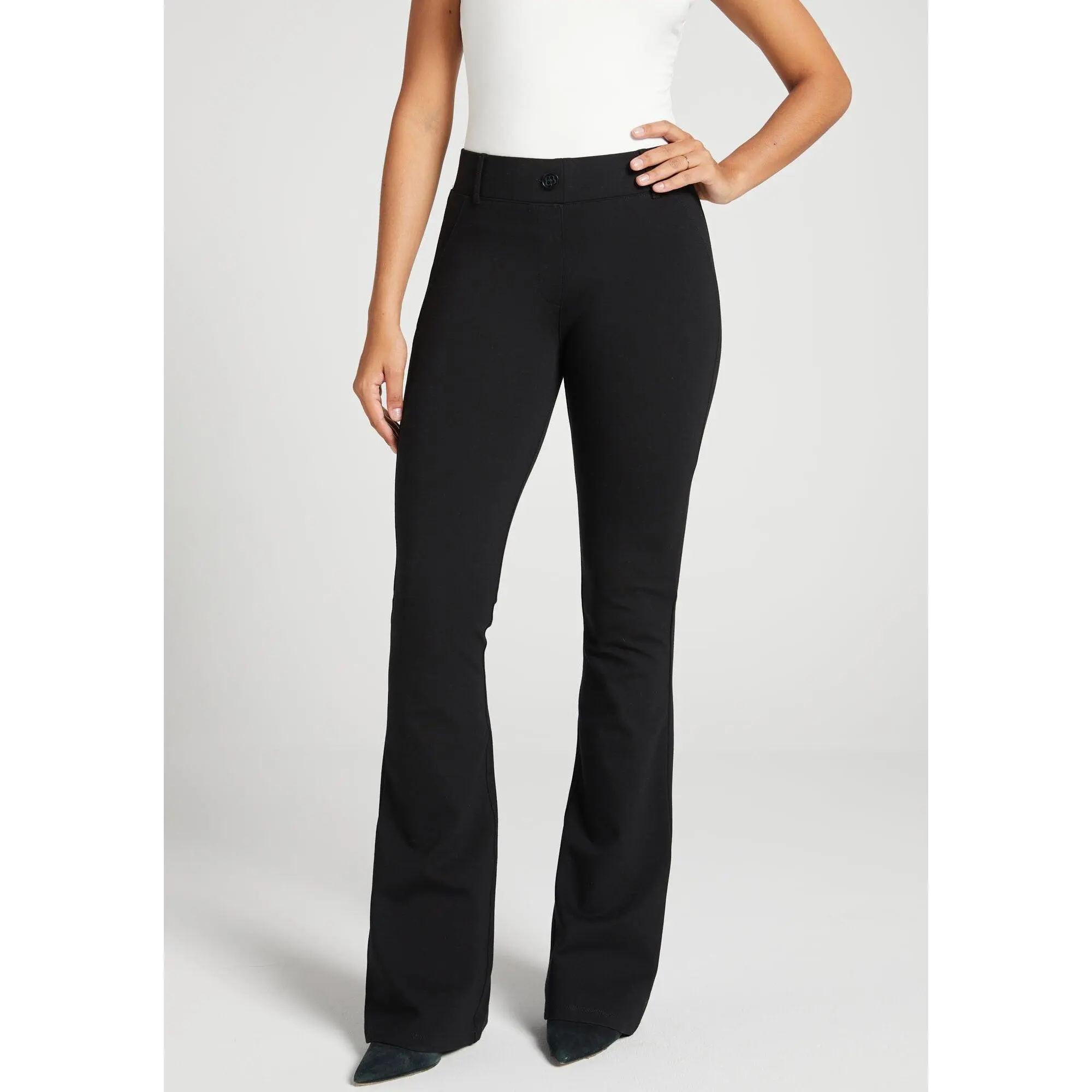 Betabrand Classic Dress Pant Yoga Pant Bootcut Leg, Mid Rise Waist - Black (XS-XXL Regular, Petite, Long) Wrinkle Resistant Stretch Ponte Knit