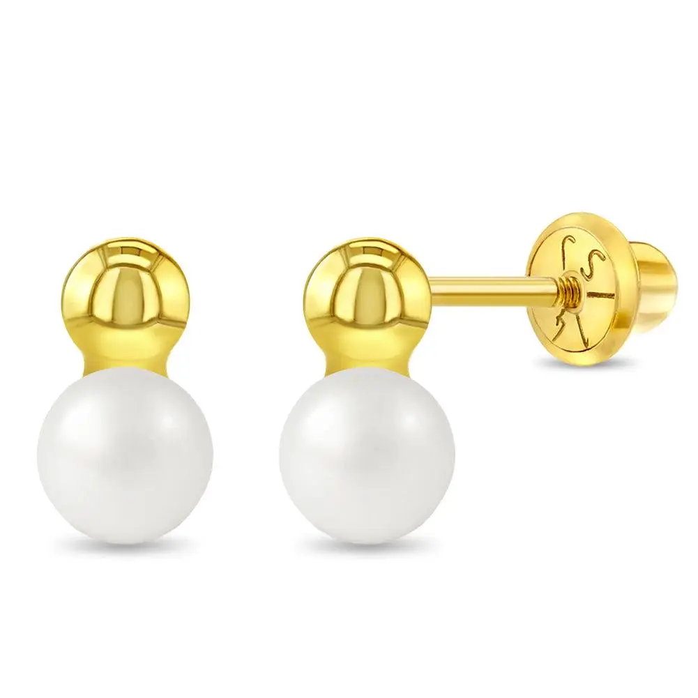 14k Gold Simulated Drop Baby / Toddler / Kids Earrings Safety Screw Back