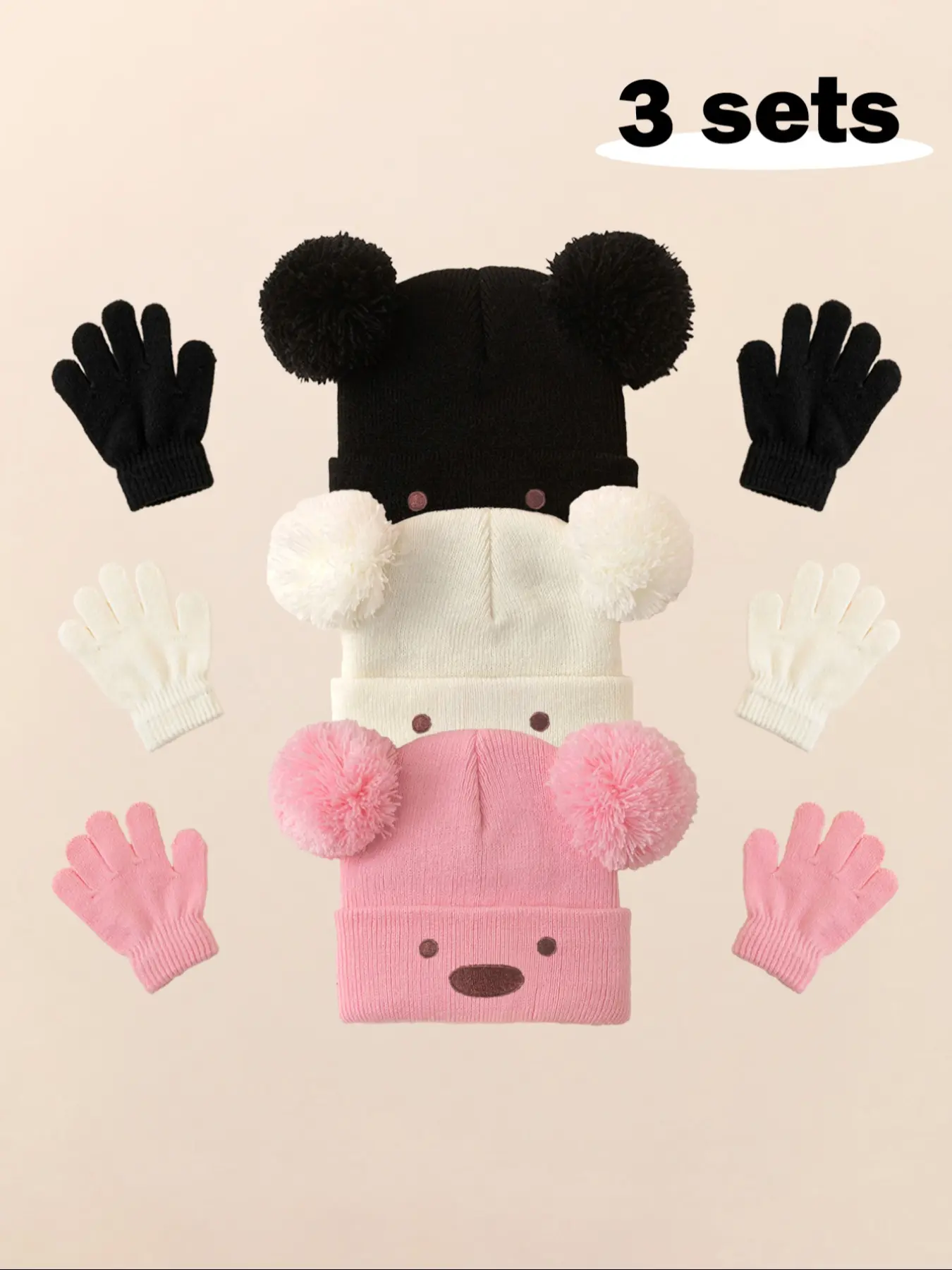 3pcs Baby Girl Newborn Infant Toddler Pom-Pom Bear Beanie Hat, Cozy Knit Winter Warm Heart Cute Hat, Outdoor Baby Accessories Bonnet
