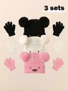 3pcs Baby Girl Newborn Infant Toddler Pom-Pom Bear Beanie Hat, Cozy Knit Winter Warm Heart Cute Hat, Outdoor Baby Accessories Bonnet