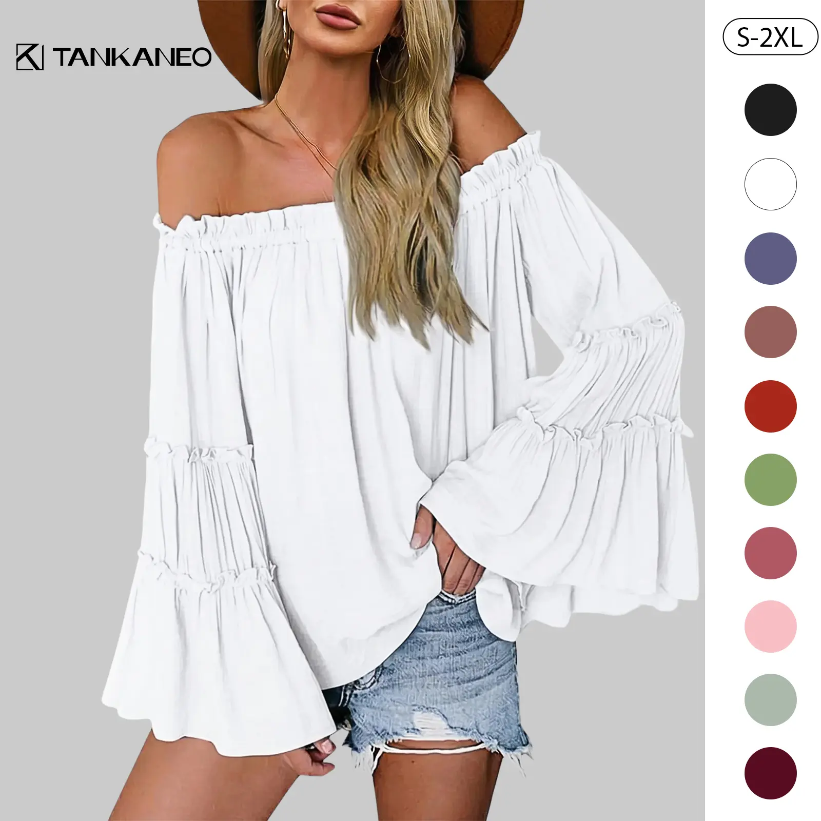 Tankaneo Womens Off The Shoulder Long Bell Sleeve Tops Flared Casual Loose Blouse