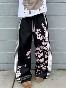 Men's Cherry Blossom Print Side Stripe Wide Leg Pants, Casual Drawstring Waist Track Pants, Suitable for Street Style and Daily Outings