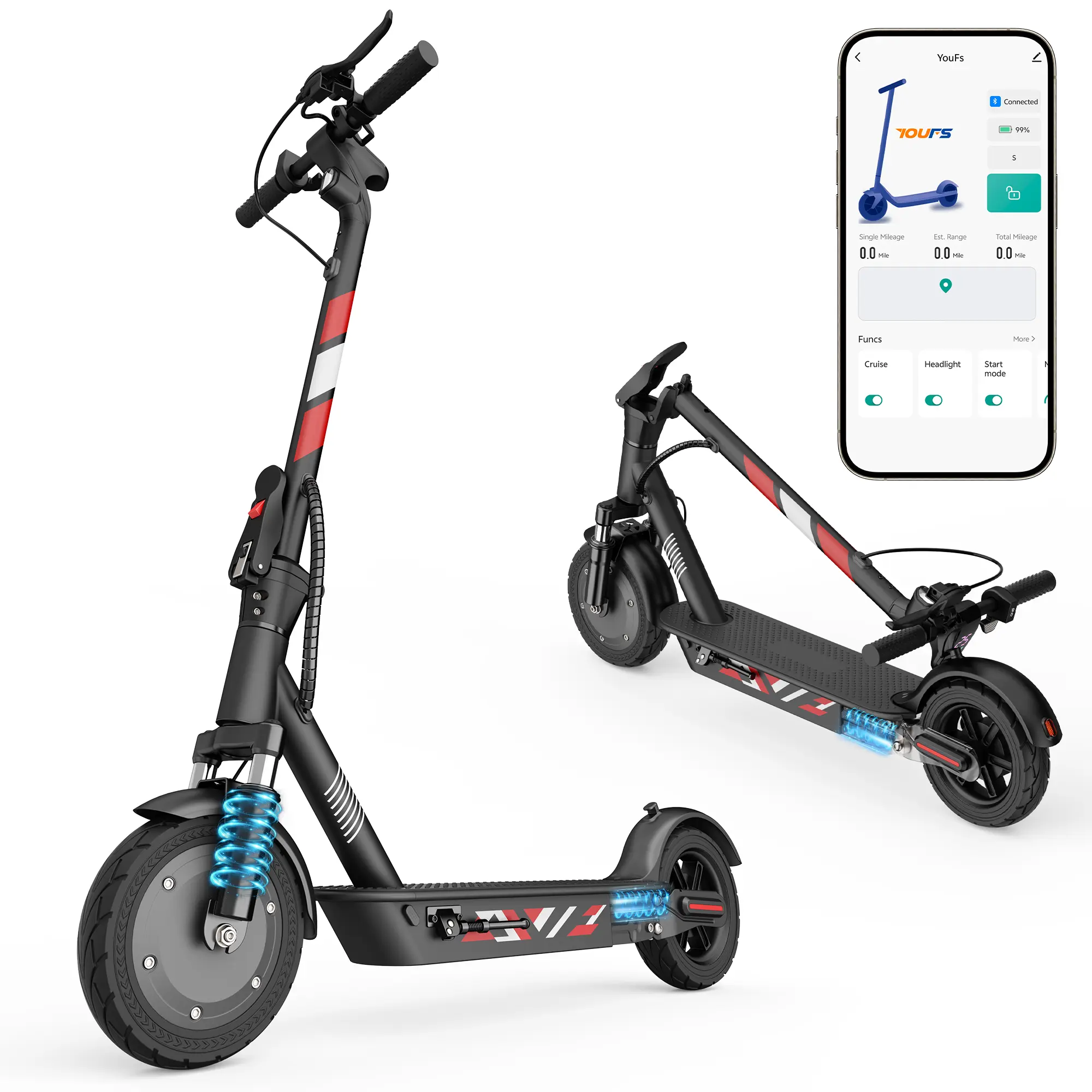 V9 Electric scooters for adults Maximum speed of 19 mph App Control 10.5Ah battery 10-inch tires Shock absorption system Commuting to and from get off work