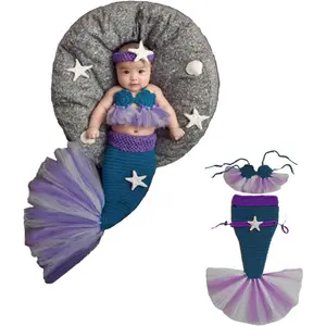 Newborn baby Photography Props,Girls photo outfits,Handmade Crochet Mermaid Set(Headband Bra Tail)