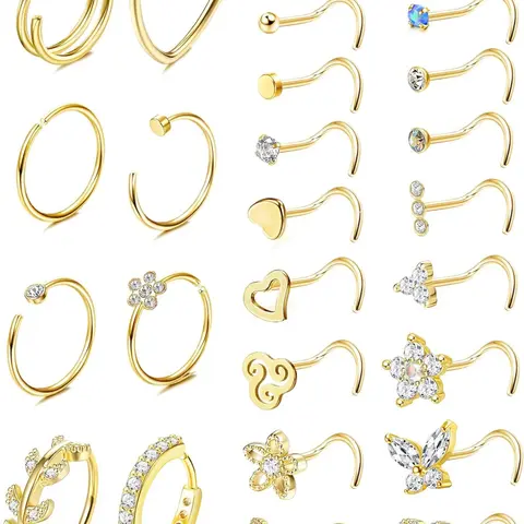 26 Pcs 20G Nose Ring Nose Hoop Nose Ring Hoops Nose Stud Steel Nose Piercings Set CZ Cubic Zirconia Shiny Septum Piercing Butterfly Snake Nose Studs Piercing Nose Rings Gold Silver Nose Piercings Jewellery for Women Men Nose Jewelry