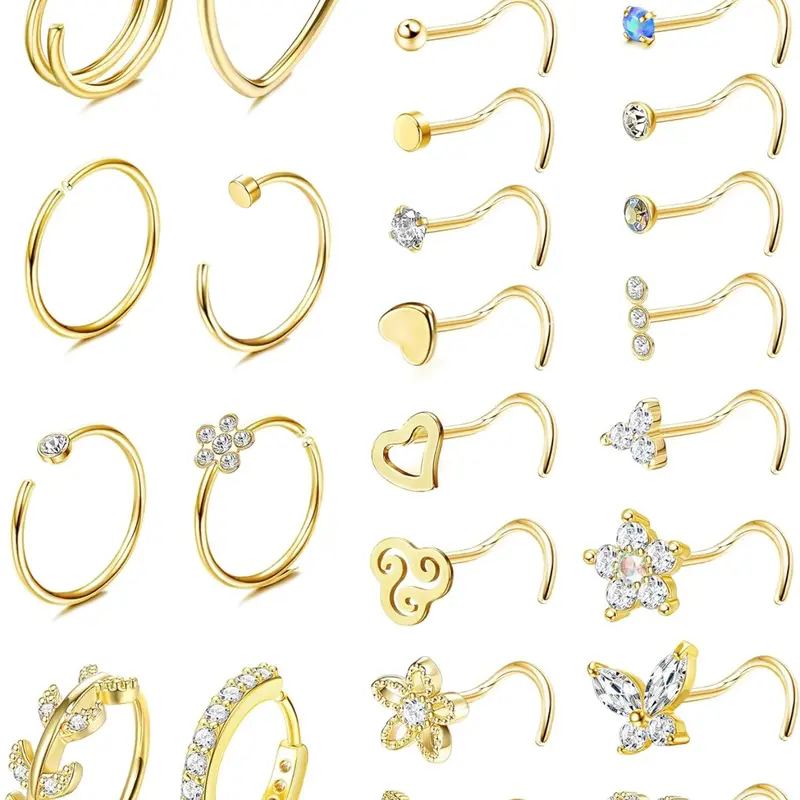 26 Pcs 20G Nose Ring Nose Hoop Nose Ring Hoops Nose Stud Steel Nose Piercings Set CZ Cubic Zirconia Shiny Septum Piercing Butterfly Snake Nose Studs Piercing Nose Rings Gold Silver Nose Piercings Jewellery for Women Men Nose Jewelry