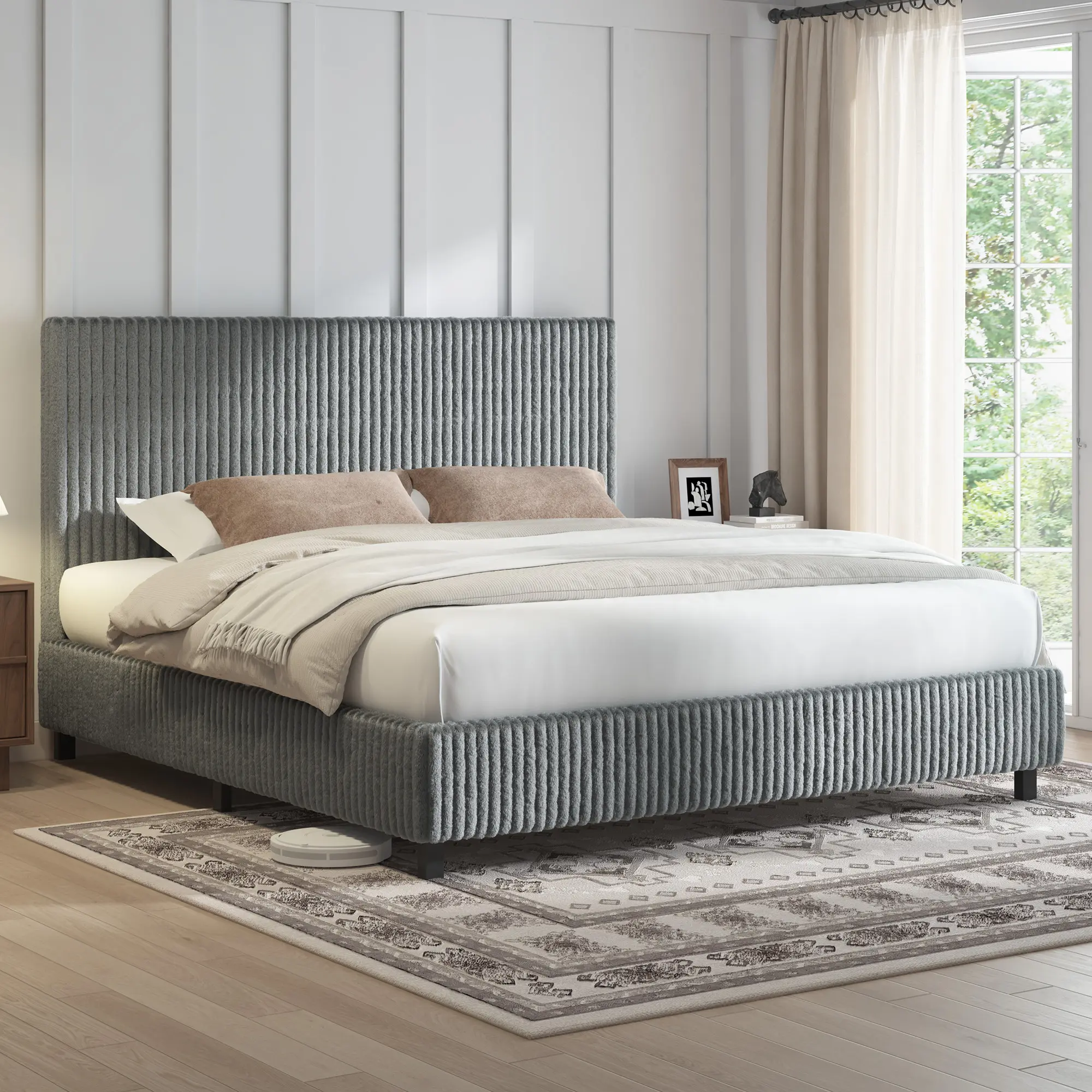 [Summerwins] AMERLIFE Upholstered Bed Frame with 3.5" Thick Gap-Free Headboard, Corduroy Platform Bed, Fully Padded, Metal Frame with Strong Slats, No Box Spring Needed