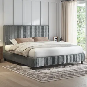 [DealsForYouDays][Summerwins] AMERLIFE Upholstered Bed Frame with 3.5" Thick Gap-Free Headboard, Corduroy Platform Bed, Fully Padded, Metal Frame with Strong Slats, No Box Spring Needed