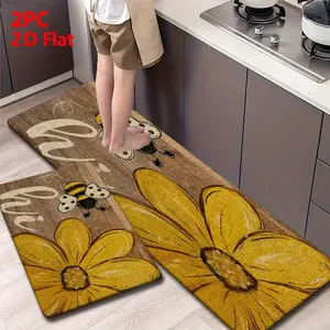 2/3 Piece Flannel Kitchen Floor Mat Set, Vintage Linen Bee & Sunflower Design, Non-Slip, Absorbent, Home Decor, Farmhouse Kitchen Rugs