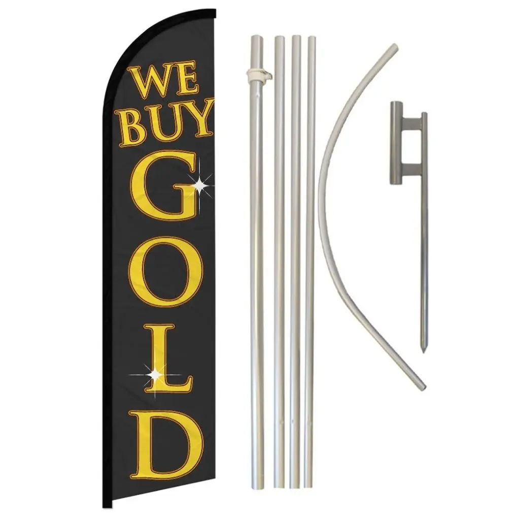 "We Buy Gold" Windproof Aluminium-Steel Pole Complete Banner Kit - 11.5x2.5 ft Black Polyester-Synthetic Wear-Resistant Stable Windless Outdoor Banner Set, Curved Sleeve, Easy-Install Printable Advertising Flag for Business Backdrops