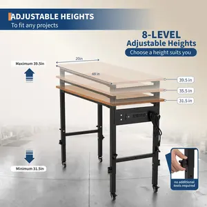 Adjustable Workbench, 48 Inch Work Bench with Power Outlet, Wheels(Non-Slip Foot Pad), 2200 Lbs Load Heavy Duty Walnut Wood Top Work Table for Workshop,Garage,Office, Home,Commercial