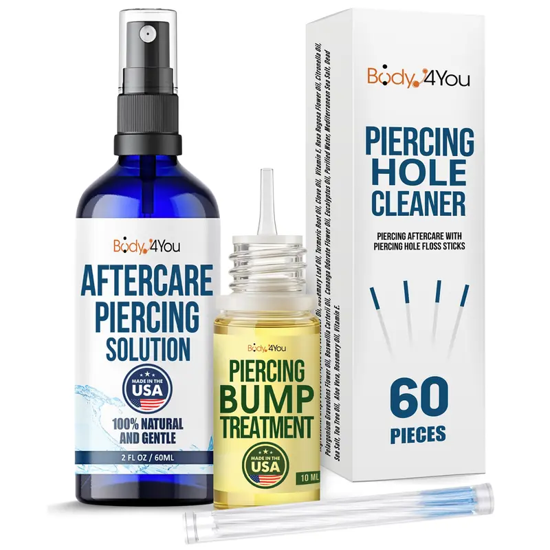 BodyJ4You Piercing Aftercare Kit - Saline Spray, Bump Solution Drops and 60 Piercing Hole Cleaning Floss Sticks