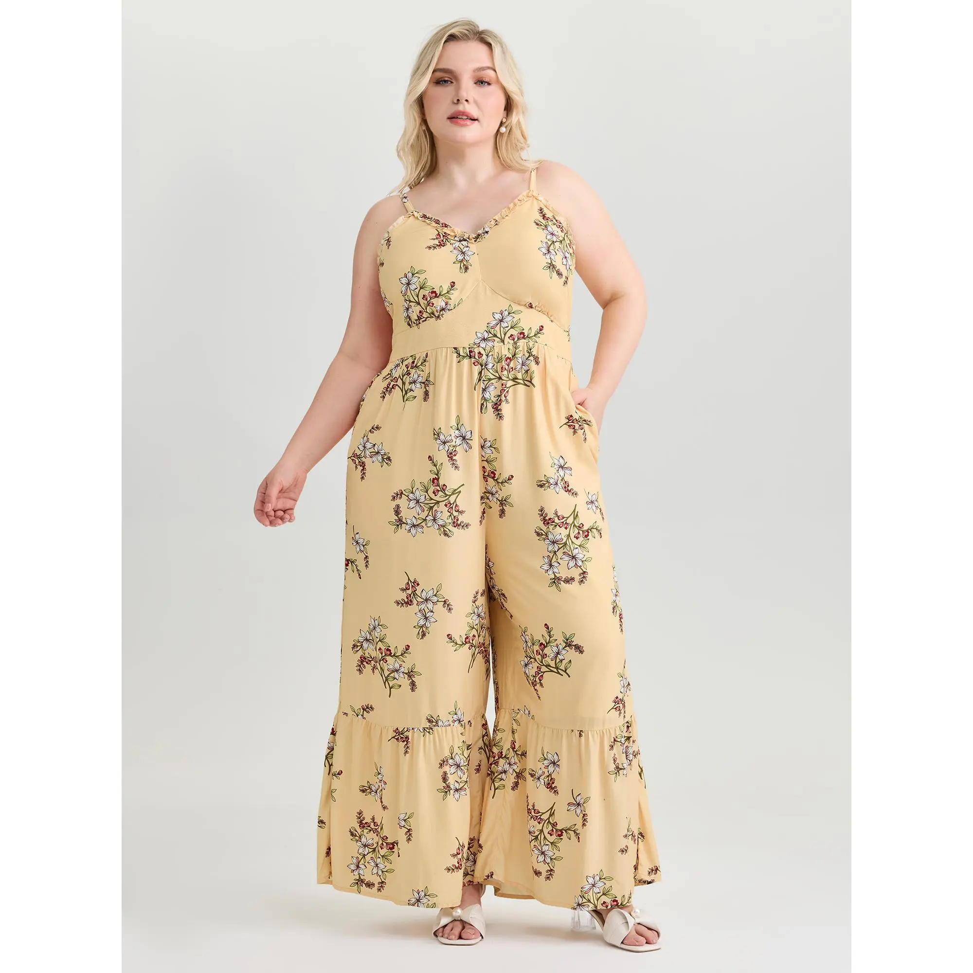 BloomChic Plus-Size Sleeveless Floral Rayon Maxi Jumpsuit - Women's Ruffled V-Neck Smocked Waist Overalls with Side Pockets, Low-Iron Smooth Fabric, Cold-Wash, Classic Fit, 14-16 Plus-Size Waisted Overalls