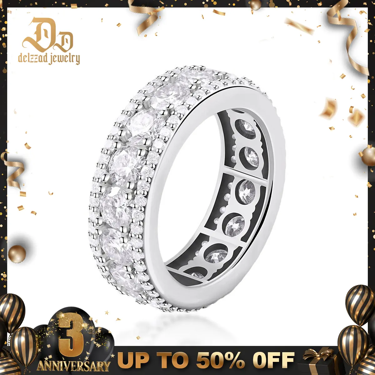Delzzad 18K Gold-Plated Hip Hop Style Unisex Circle Ring VVS Synthetic Moissanite Ring Band S925/Copper Christmas Gift For Men Women