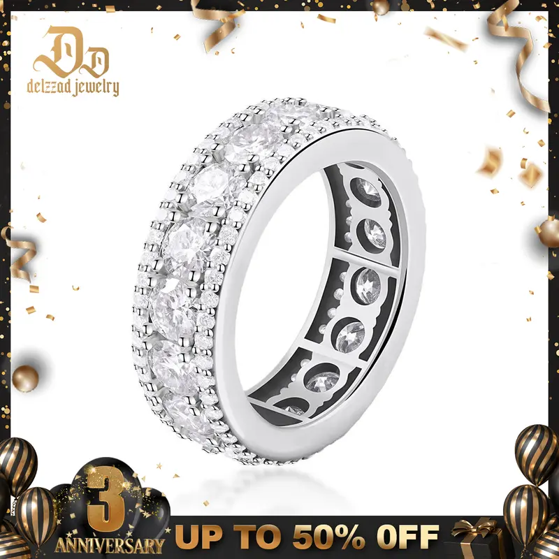 Delzzad 18K Gold-Plated Hip Hop Style Unisex Circle Ring VVS Synthetic Moissanite Ring Band S925/Copper Christmas Gift For Men Women