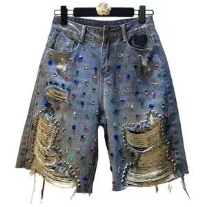 Men's Shorts, 2026 Summer New European Style Heavy-duty Diamond-embellished Beaded High-waisted Slim-fit Ripped Straight-cut Five-point Pants Casual Streetwear Mid-length Trousers