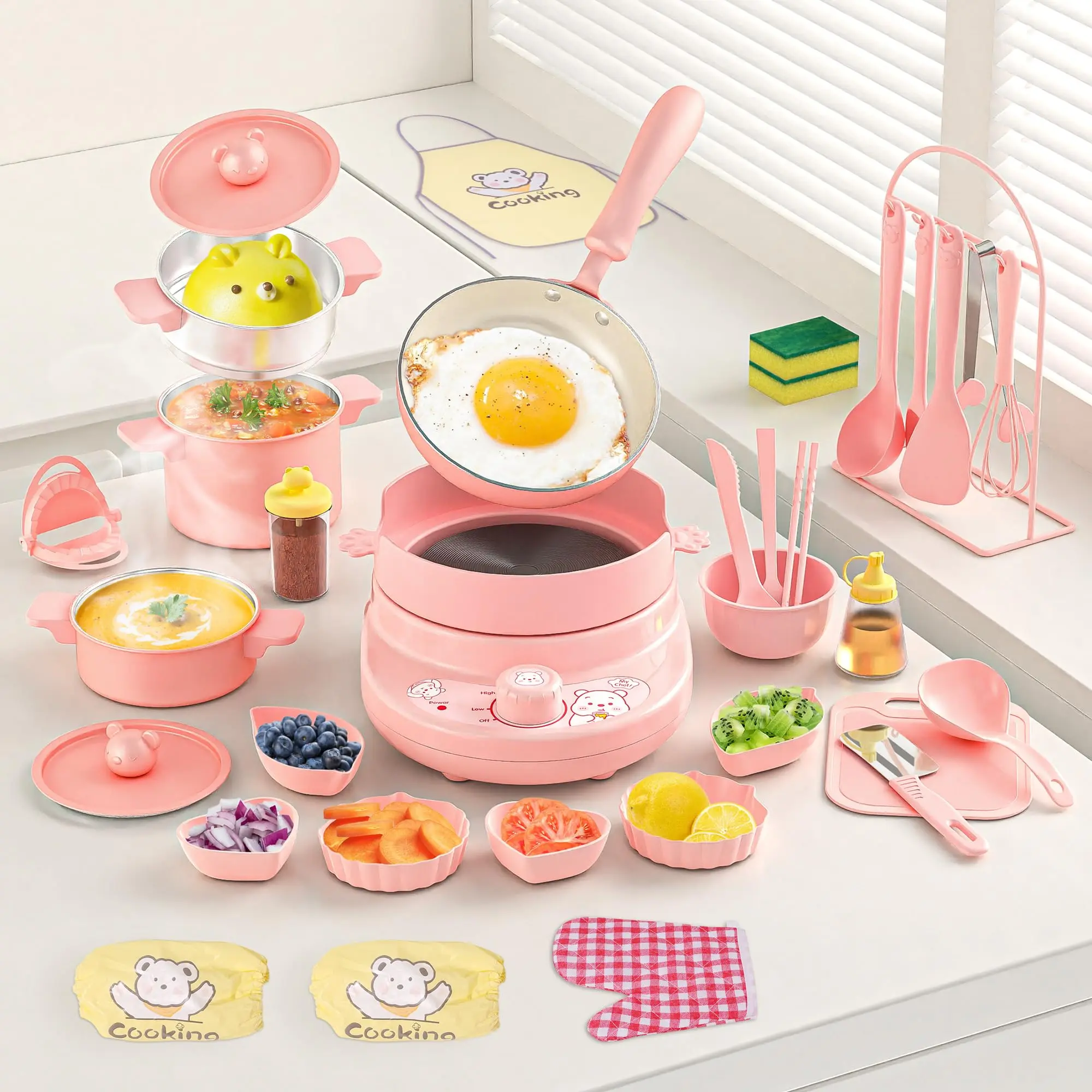 Kids Real Pink Play Mini Cooking Set - Safe Flame-Free Stainless Steel Kitchen Tools, Montessori Toy with Real Food Making Knife for Ages 8+ Girls & Boys
