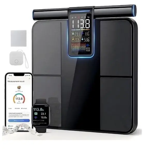 SLEEKS Smart Body Healthcare Weight Scale - 8-Electrode BIA Fitness Tool, 485lbs Capacity, Color Screen, WiFi Digital Bathroom Gadget with Retractable Handle, App Sync for BMI, Body Fat & Muscle Mass Tracking