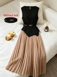 Two piece set of women's fashionable French light luxury style sleeveless vest+mesh large swing skirt [excluding belt] waist cinching slimming temperament set, suitable for summer, daily work, business meetings, dinners, birthday parties