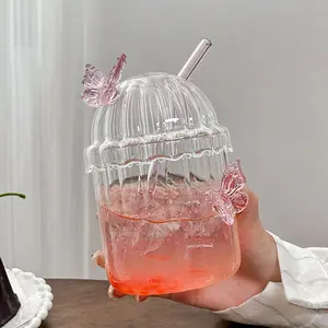 1/2 Count Pink 3D Butterfly Glass Tumbler with Lid & Straw, Heat Resistant Reusable Glass Cup, Ideal for Iced Coffee, Boba Tea, Cocktail, Valentine Birthday Party Drinkware, Home Office Outdoor Daily Use