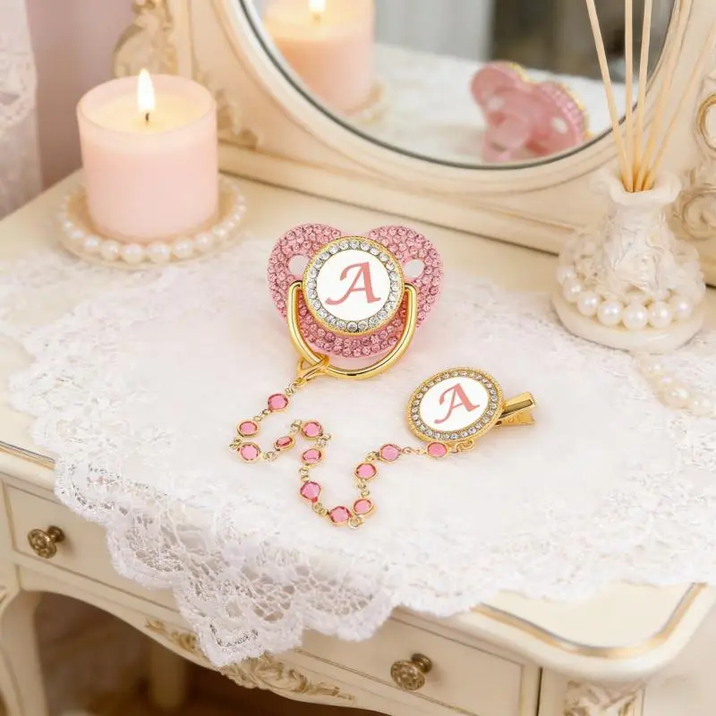 Personalized Initial Baby Pacifier Set, Pink Bling Rhinestone Binky with Clip, Luxury Custom Letter Soother Gift for Newborn