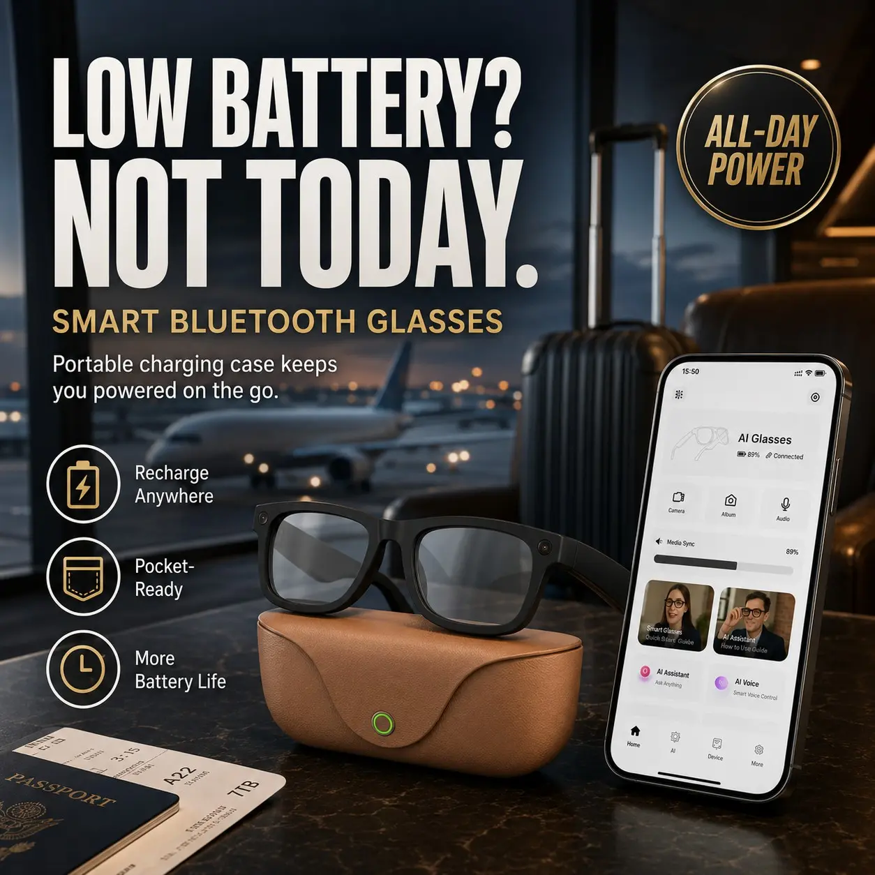 Men's Smart Sunglasses with 8mp HD Camera, Dual Lenses, Open-Ear Audio, Real-Time Translation, Leather Case, Travel & Daily Use
