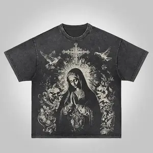 Virgin Mary Praying Vintage Washed T-Shirt – Oversized Acid Wash Graphic Tee, Unisex Retro Streetwear, Faded Religious Top