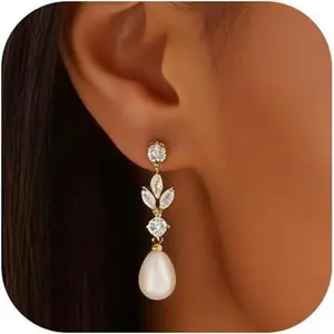 Pearl Earrings for Women Dainty Diamond Pearl Drop Earrings 14k Gold Plated Dangle Earrings for Women Weddings Gifts Bridesmaid Gifts
