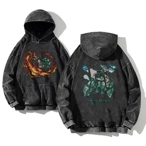 Demon Slayer Kamado Tanjirou Anime Graphic Washed Hoodie, Oversized Menswear And Women Menswear Tops, Gym Pump Cover, Hip Hop Y2K Graphic Apparel, Gift for Fans
