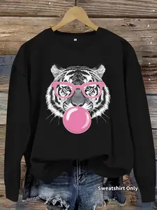 Women's Tiger & Bubble Gum Print Crew Neck Sweatshirt, Casual Long Sleeve Pullover for Daily Wear, Ladies Clothes for Fall & Winter, Hoodie