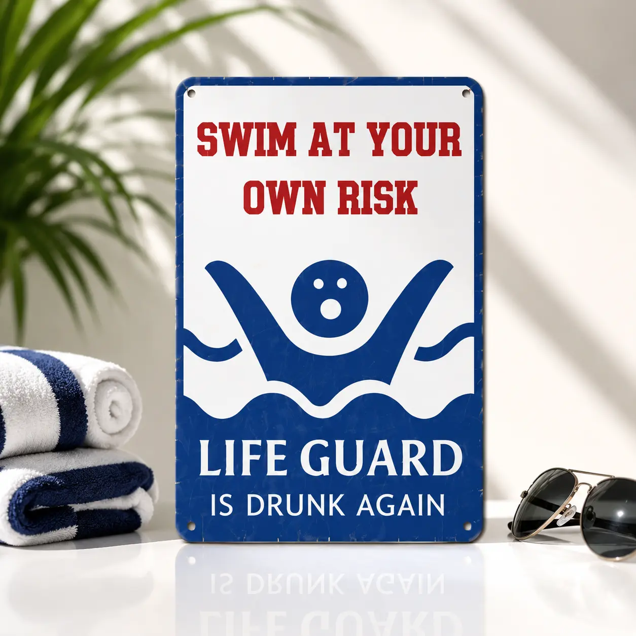 Funny Pool Sign Swim At Your Own Risk Life Guard Is Drunk Again, Vintage Metal Tin Sign Pool Decor, Humorous Swimming Pool Wall Art for Backyard, Patio, Home Bar, Man Cave, Summer Party Decoration 8x12 Inch