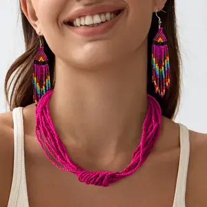 1 pair of earrings +1 necklace, Bohemian retro multi-layer glass bead beaded necklace, rice bead tassel earrings, ladies' jewelry set, suitable for daily wear and gifting