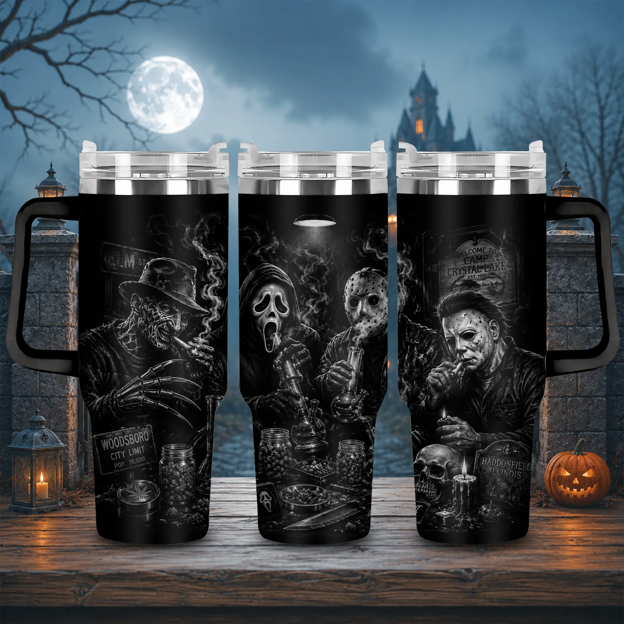 Classic Meme Horror Villains 40oz Tumbler with Handle Straw, Pennywise Ghostface Michael Myers Freddy Krueger Jason Chucky Leatherface Jigsaw Billy Horror Movie Character Cup, Halloween Insulated Travel Mug, Scary Film Fan Gift, Creepy Gothic Drinkware