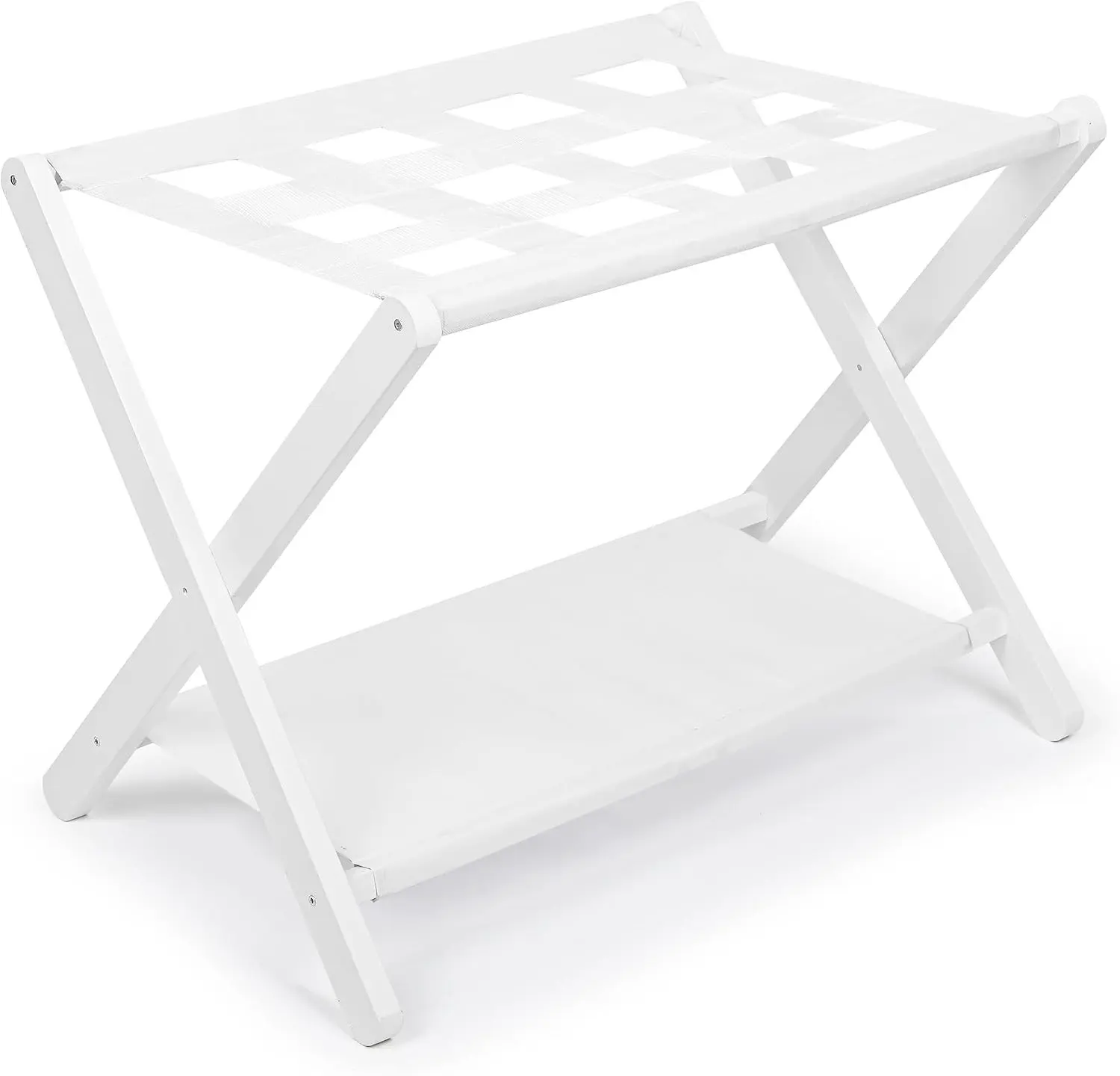 Bamboo Folding Luggage Rack with Storage Shelf, Heavy-Duty Suitcase Stand Holds up to 131 lb, White for Guest Room Hotel Bedroom