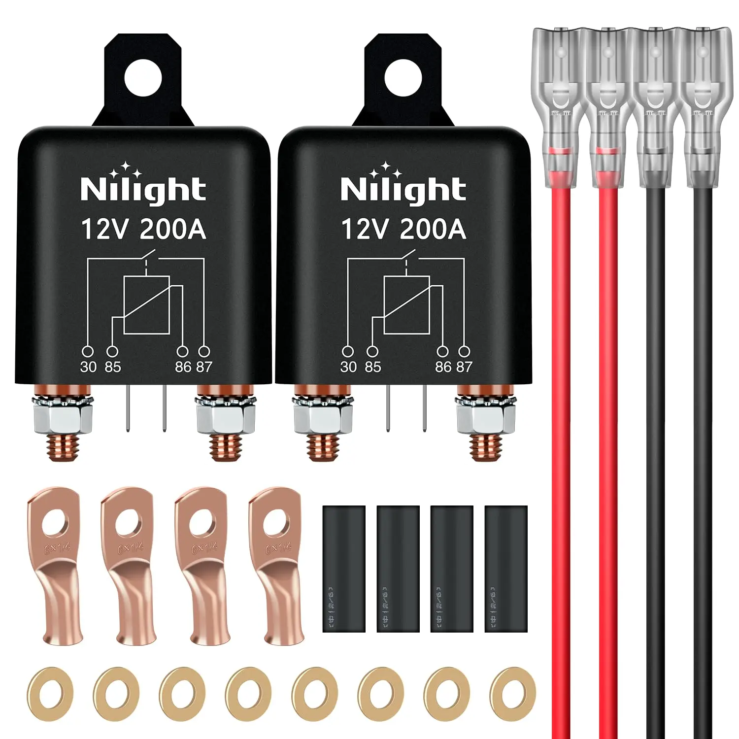 Nilight 2PC 4-Pin Split Relays Switch - 200A Rating, 12V Continuous SPST Type, Nylon Flame Retardant Shell, Corrosion Resistance, Heat Resistance, Pure Copper Inner Core Lugs for Automotive Use, High Current