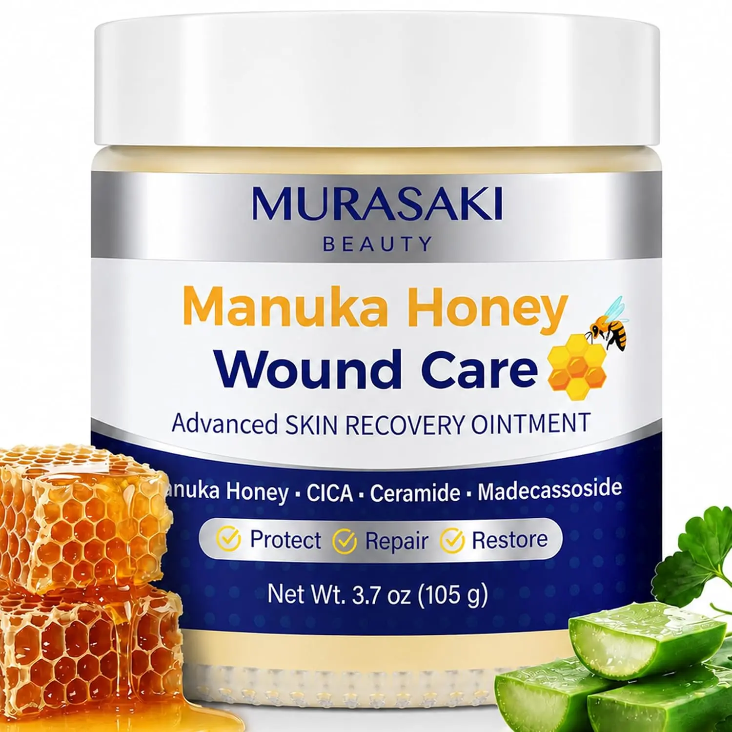 Murasaki Beauty Manuka Honey Wound Care Ointment: Advanced Moisturizing Barrier Balm with CICA, Ceramide & Madecassoside, For Dry, Cracked & Fragile-Looking Skin, Face & Body 3.7 oz(105g)