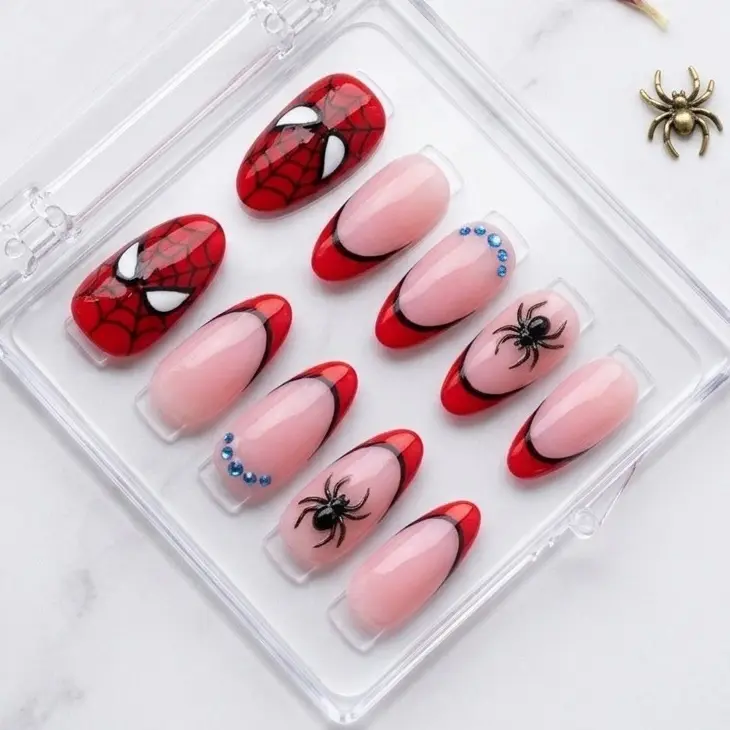 Bold Almond Press-On Nails, Blue and Red Color Blocks, Spider Web Line Art, Comic Hero Accent, Handmade Art Nail Set for Costume Parties