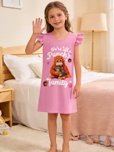 Monkey Punch Graphic Baby Monkey Holding Plush Toy Girls' Cute Punch Monkey Print Dress, Team Punch Summer Short Sleeve Sleepwear, Casual Comfortable Home Wear, Fitted Style, All Seasons