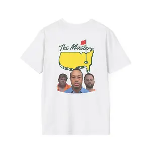 Tiger Woods, Scottie Scheffler, John Daly Mugshot (The Masters) Funny Golf Shirt, Front Masters Logo, Unisex Softstyle T-Shirt