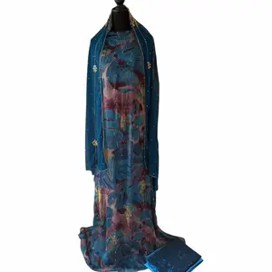 Royal Bloom 3 Pcs Unstitched Chiffon Driya Set in blue,Deep Magenta & Emerald Green  with Hand-Beaded Gold Accents for Wedding and Eid Celebrations Satin Blend with Chiffon Overlay - Womenswear