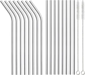 16 Pack of Reusable Stainless Steel Metal Straws, 8 Straight + 8 Bent 8.5 inch Metal Straws with 2 Cleaning Brushes, Straw Compatible with 20oz Stanley Cup